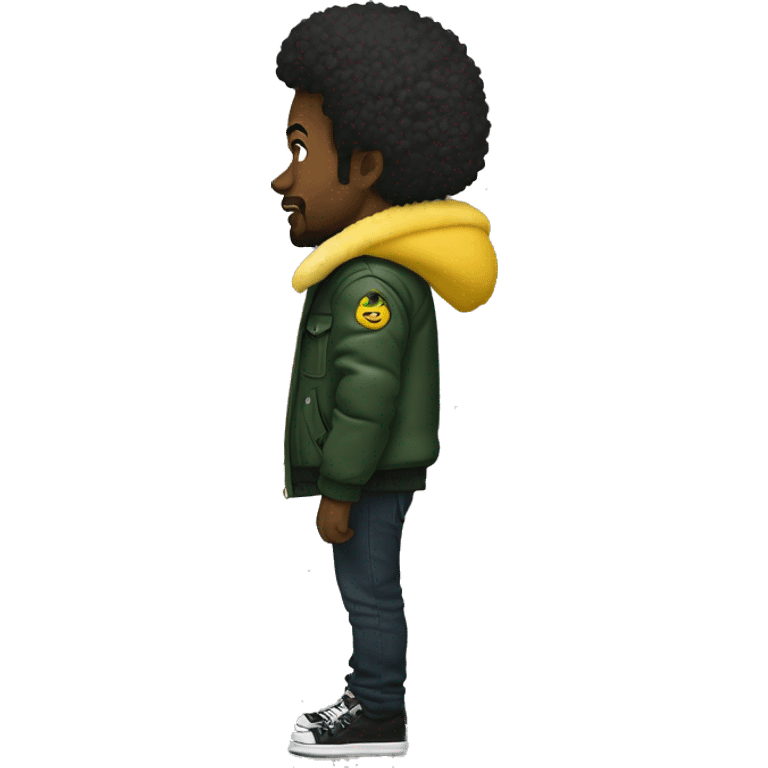 Side profile of a hip hop artist. His arm is pointing down. He's wearing a puffy dark green jacket. The jacket has a furry yellow collar.  emoji