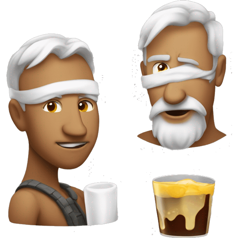 Um homem cercado de vulcão, coisas quentes, dinheiro e bebida emoji