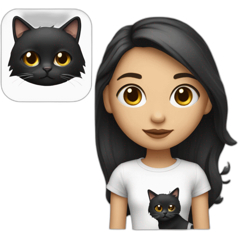 Une fille blanche au chexveux noir et long avec un t-shirt de chat emoji