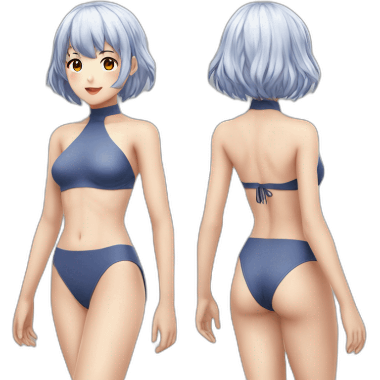 realistic full body rei ayanami nue short hair teen back and front views bikini emoji