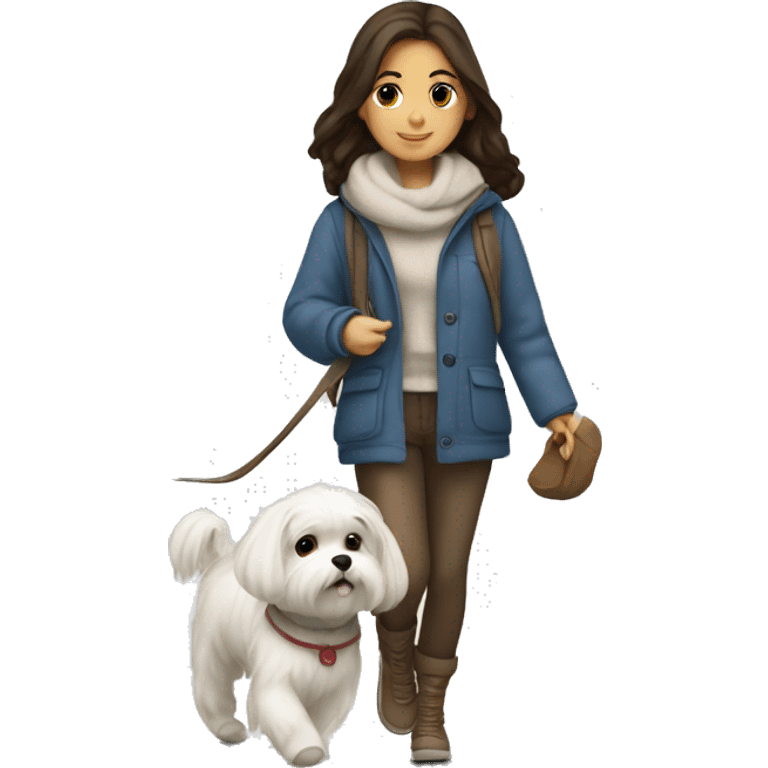 A brunette girl wearing a cozy outfit walking with a Maltese  emoji