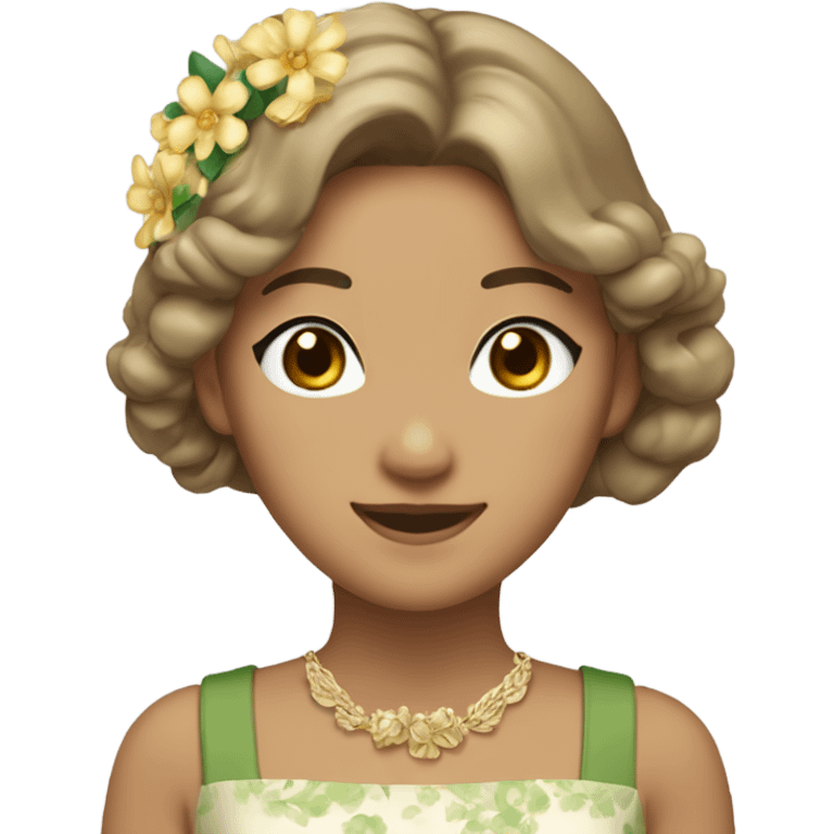 A woman of Asian appearance. Wheat-colored skin, waist length hair, golden brown, slightly curly, wavy look. The eyes were green, and then the hair wore a wreath, the earrings were flowers, and the dress was a white suspender. emoji