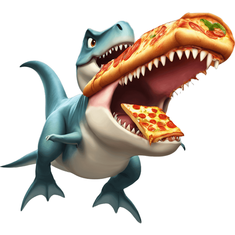 T-Rex riding a shark with pizza emoji