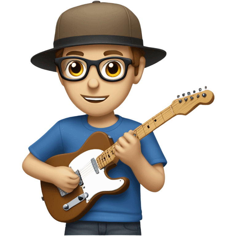 A nerdy white guy with glasses with short brown hair wearing a baseball cap playing a blue classic telescaster emoji