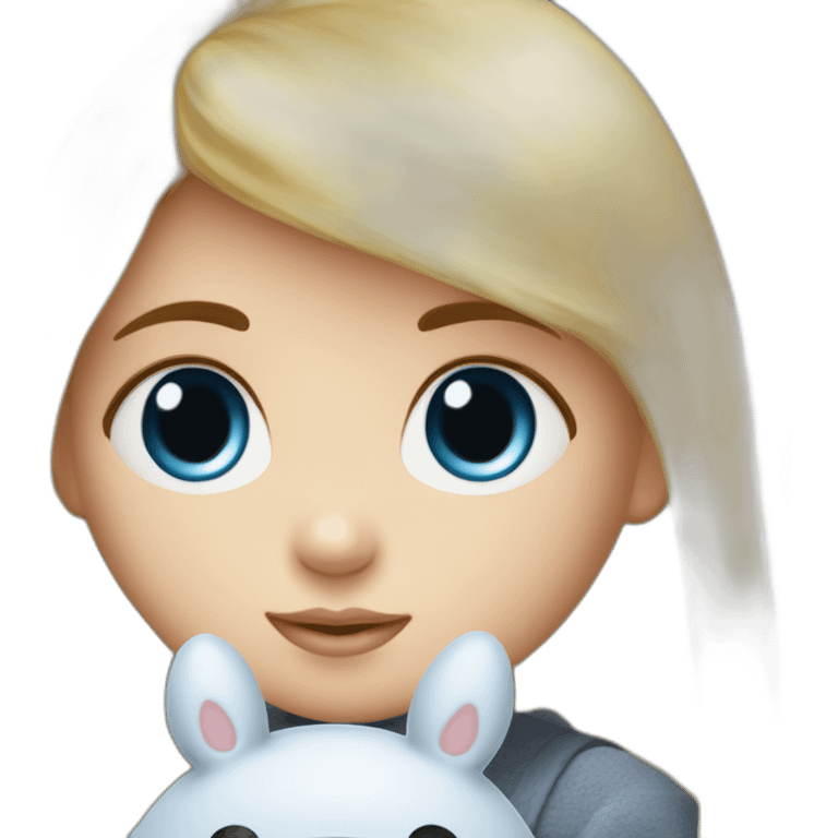 bébé fille blonde décoiffée aux yeux bleus avec une peluche Totoro  emoji