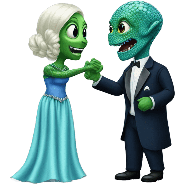 alien reptilian green skin woman, in long slim pastel blue formal party satin dress with gradient shiny sparkling navy blue diamonds embroidered , and caucasian man in black dres on his knees asks her to marry her emoji