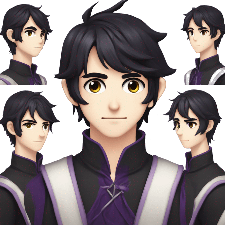 Anime boy, semi realism, ledium flowy messy black hair past eyes, narrow eyes, hair between eyes, dark purple eye color, long elf ears, long face, handsome, tall emoji