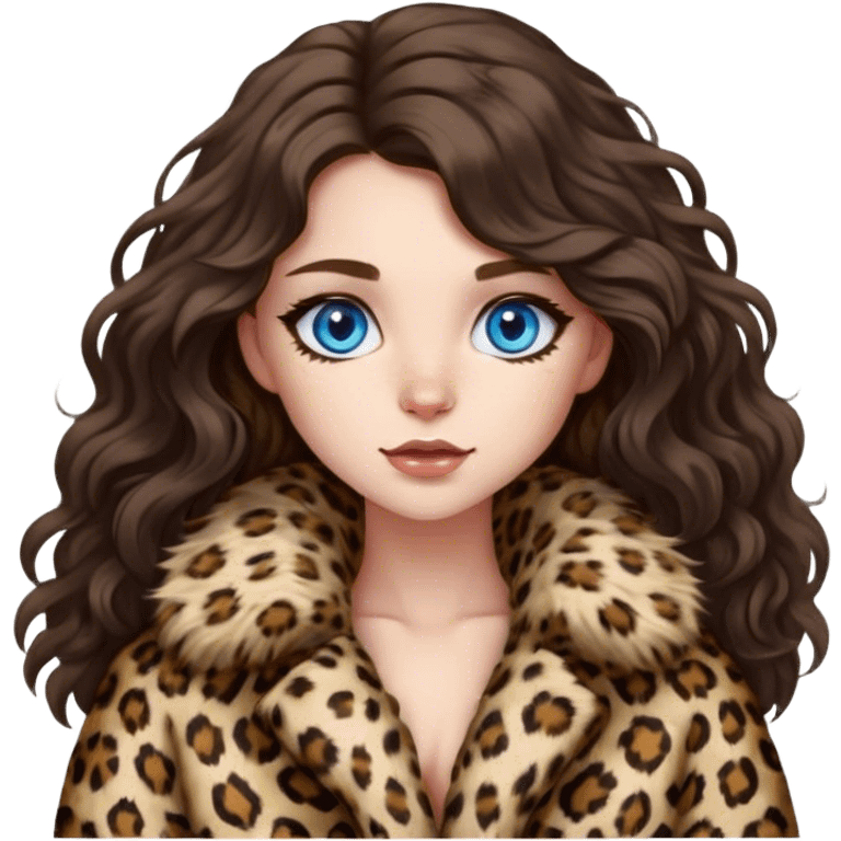 Brunette girl blue eyes with long wavy hair in fluffy leopard fur coat  emoji