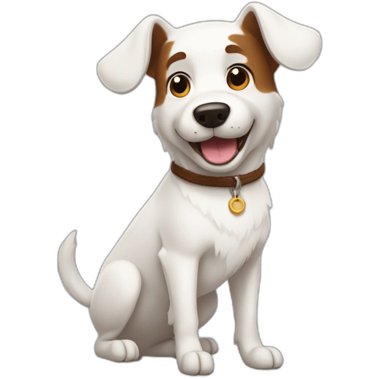 cartoon white dog, with one brown ear and one leg up emote emoji