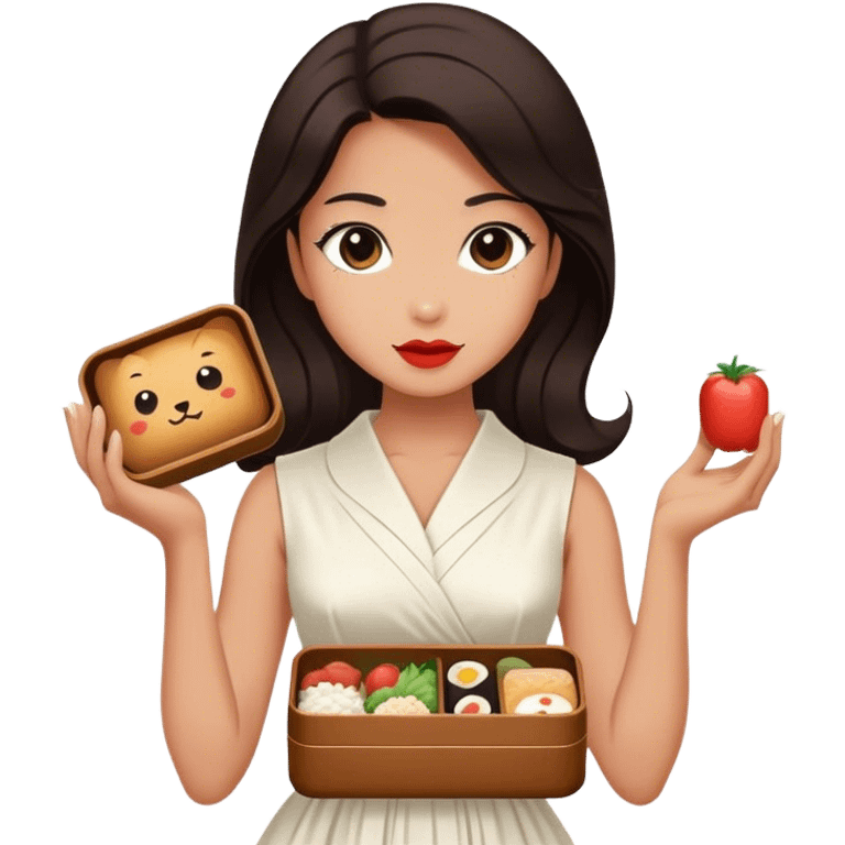 Beautiful woman in 1950’s woman fashion look, white dress, long dark brown hair, Japanese bento emoji