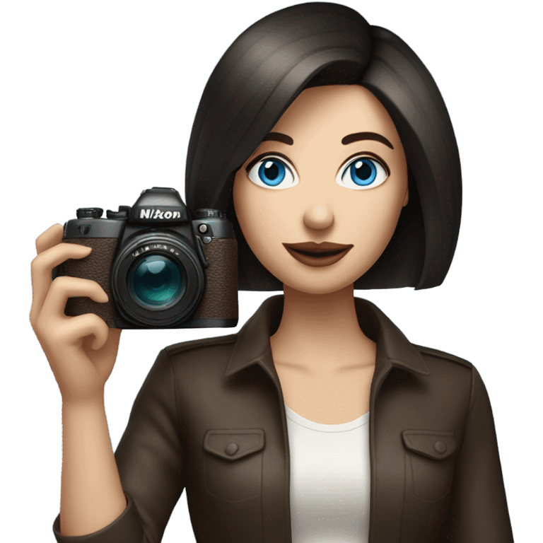 Portrait of stylish woman with blue eyes and dark brown bob hair holding a nikon camera emoji