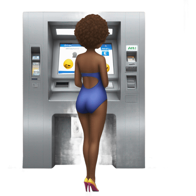 Girl in swimming suit and platform heels waiting for a man using an ATM emoji