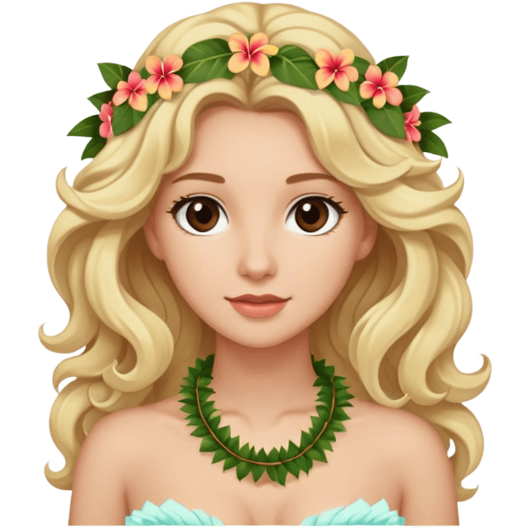 Blonde model with brown eyes, medium-length soft curls, luxury honeymoon in Hawaii emoji