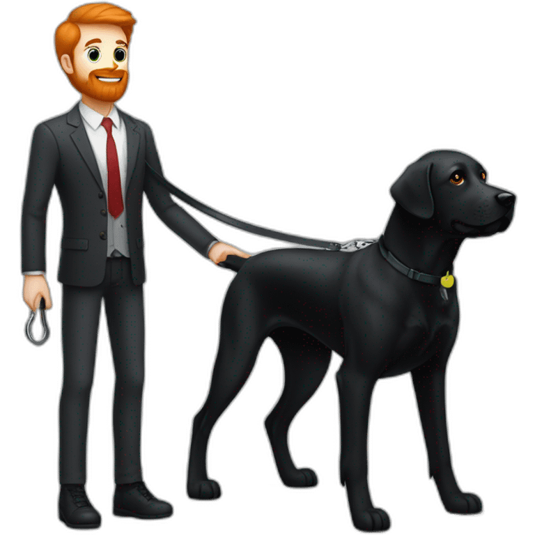 a handsome, slender man in a  sporting a red beard, standing next to a black Labrador dog, holding it on a leash emoji