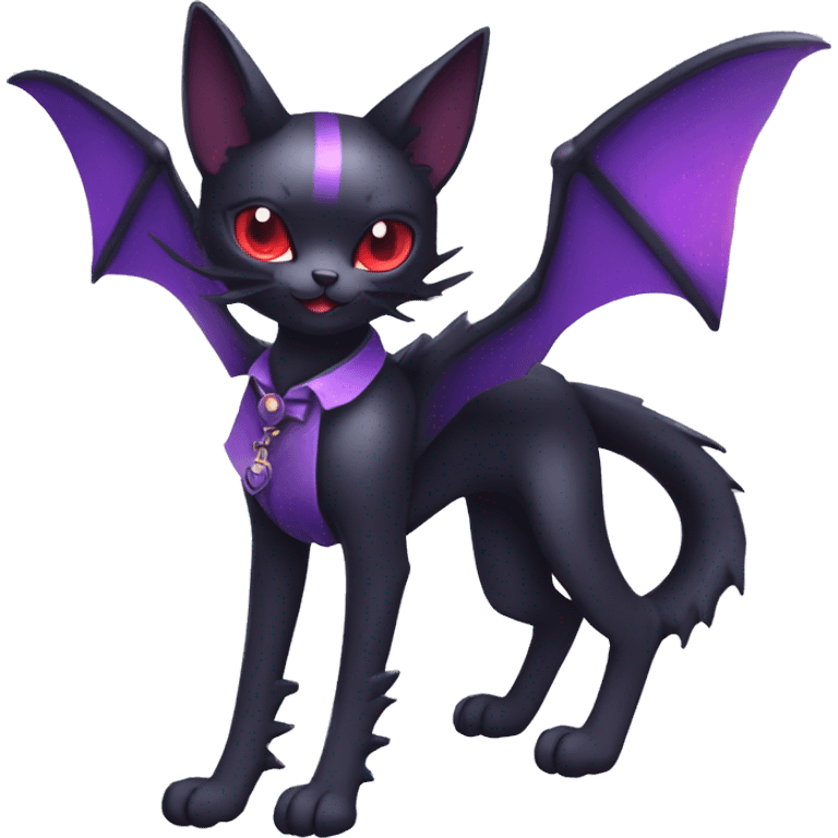 cool kawaii black purple red ethereal fantasy beautiful elegant nargacuga-bat-cat-Fakemon collar harness tie and leg spats full body emoji