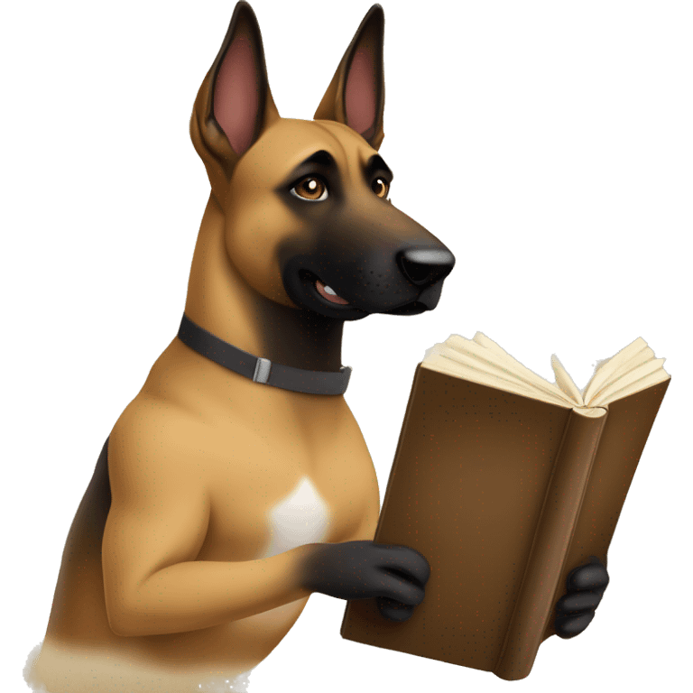 malinois prends des notes avec un livre emoji