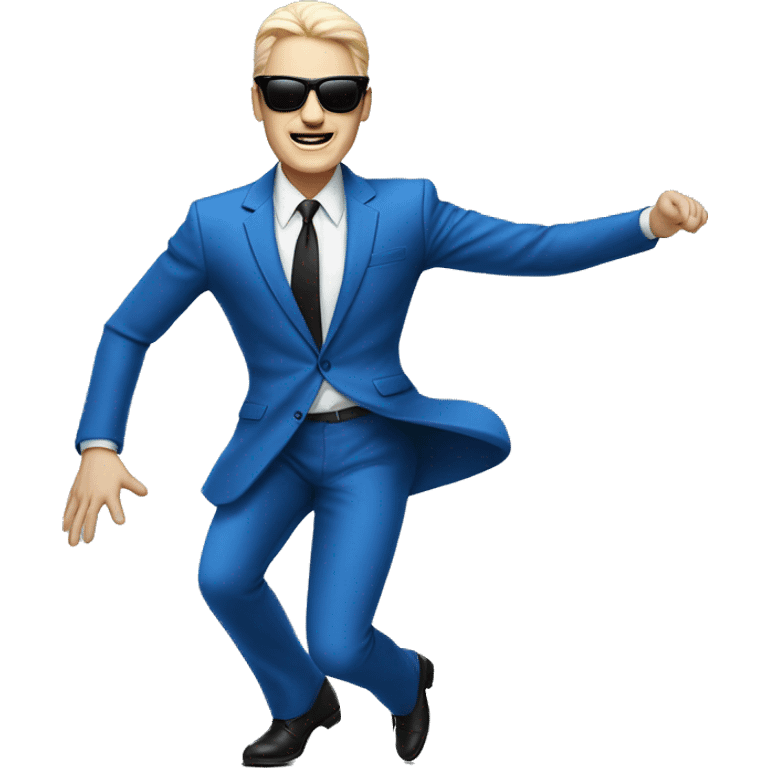 A white-skinned man in a blue suit, square sunglasses dances to the music in full height emoji