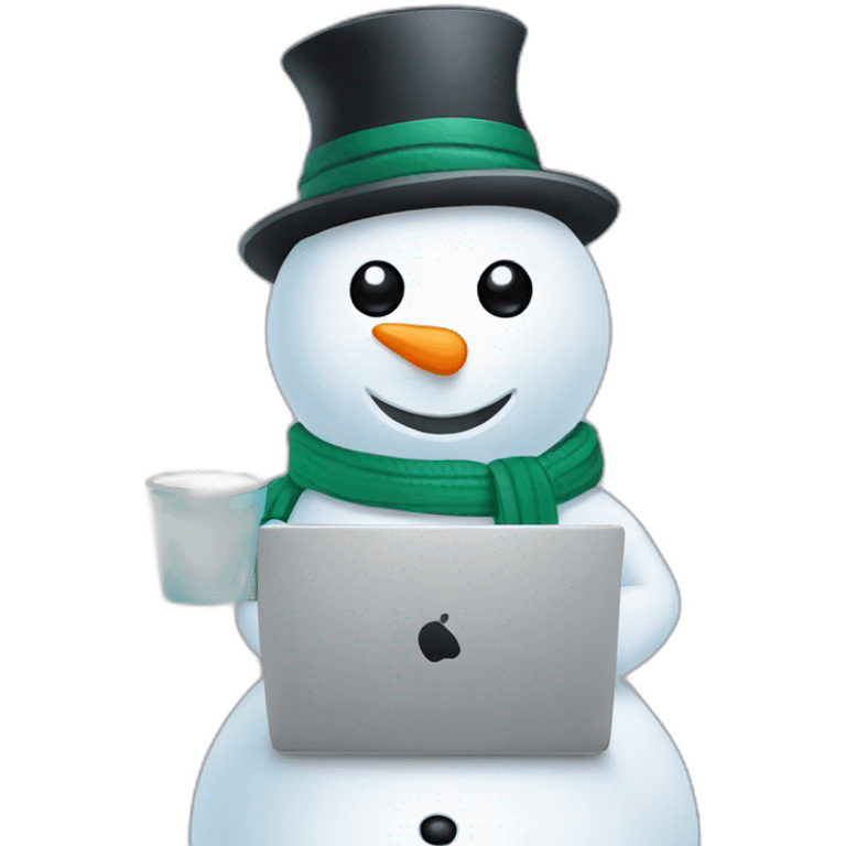 cute female snowman with a laptop holding a coffee mug emoji