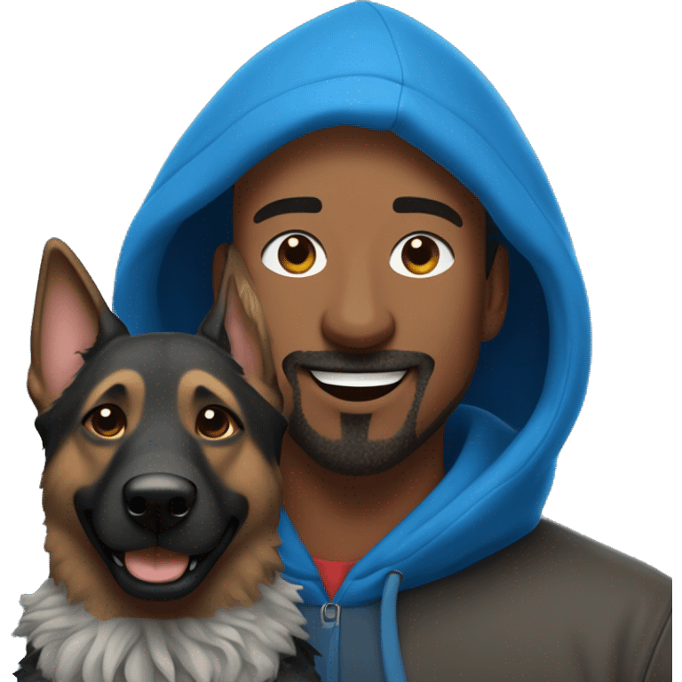 man with dreadlocks, mustache and goatee expressing joy dressed in a blue hoodie alongside a dark brindle colored german shepherd dog emoji