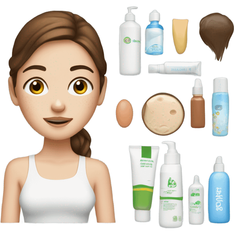 White girl doing skincare has freackles on skin and brunett emoji