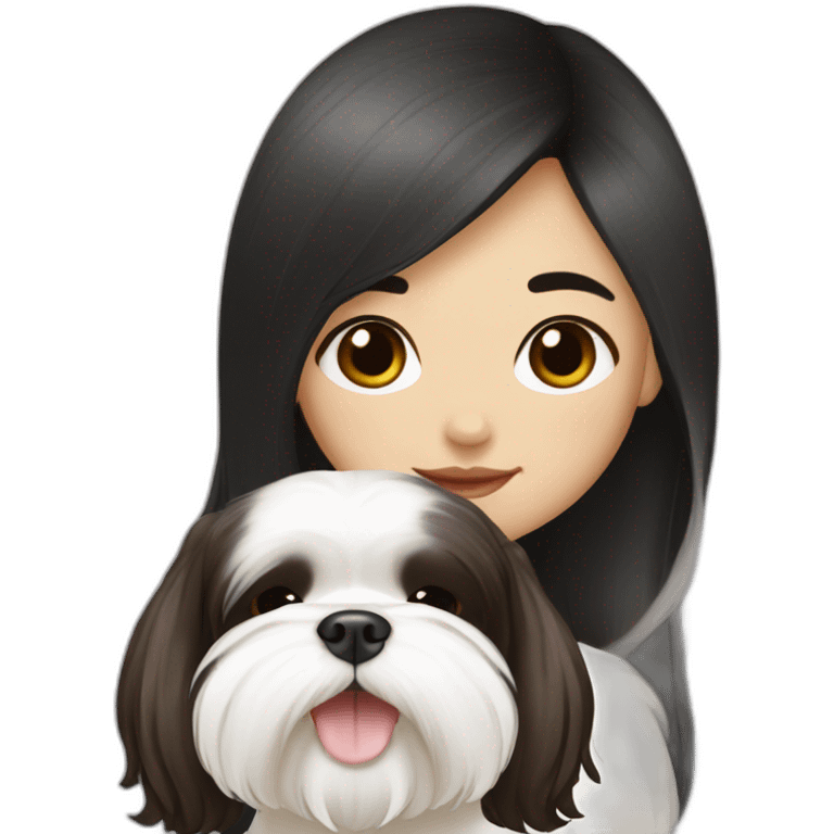 long black hair korean girl with shih tzu in white and brown emoji