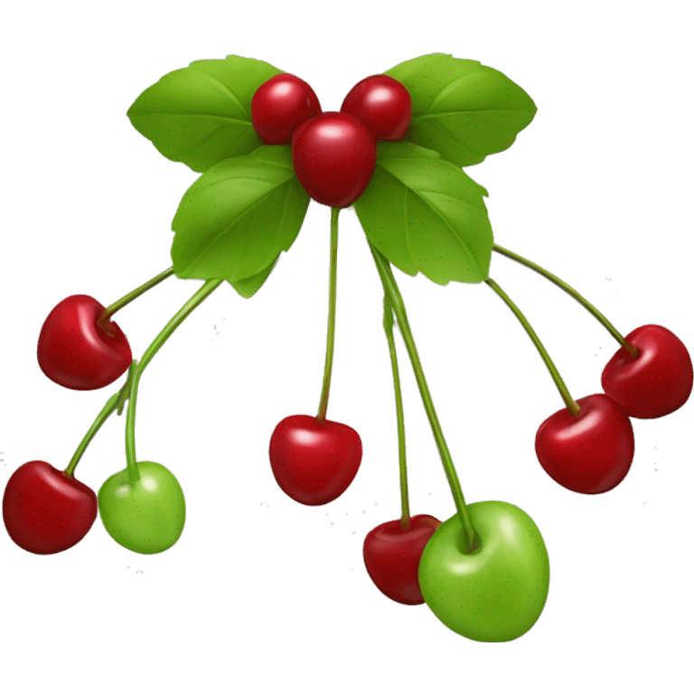 A bow with two short strings hanging down. From its center, two cherry stems with cherries extend downward. Simple background to highlight the bow and cherries emoji