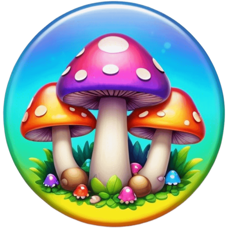 A round psychedelic colored button with bezeled edges and rainbow colored mushrooms emoji