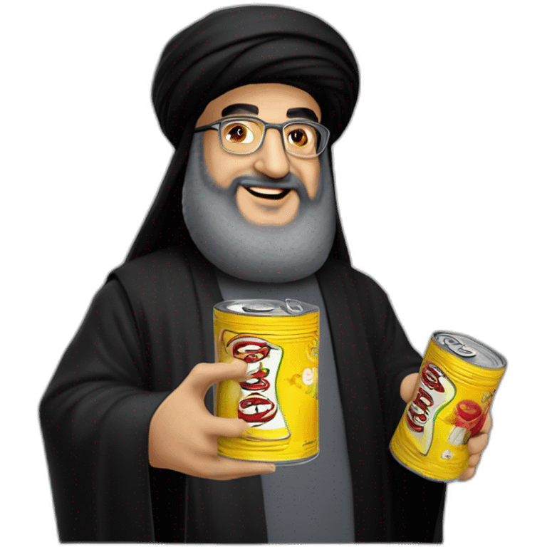 hassan nasrallah holding a can of مرتديلا هنا (صحية و مغذية) emoji