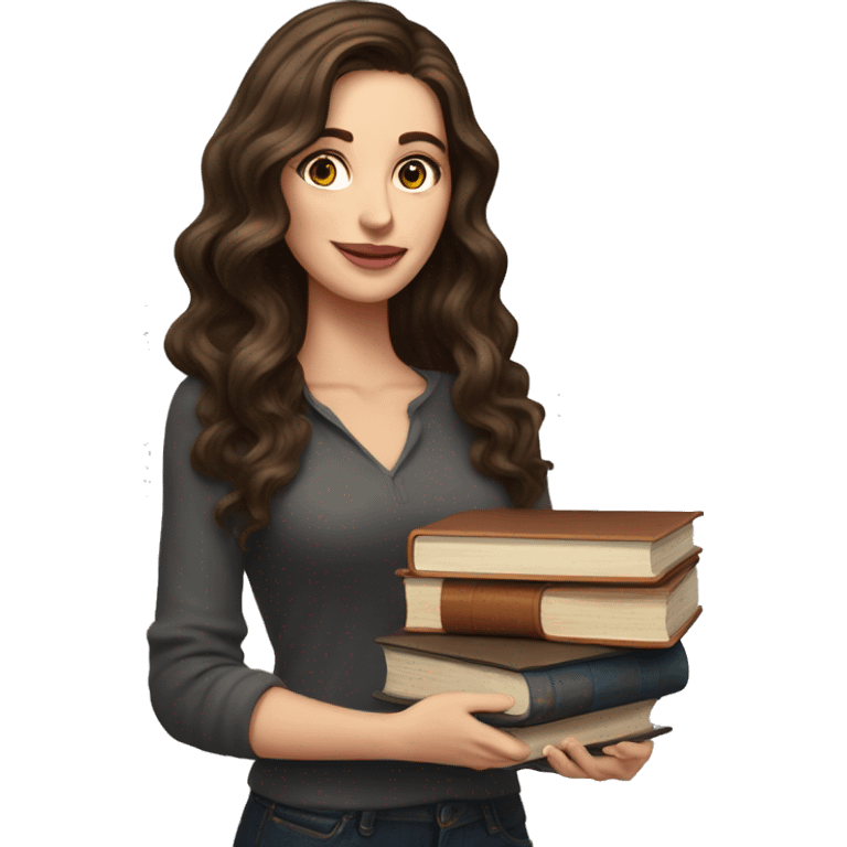 white woman brunette long wavy hair highlights woman while holding large stack of books emoji