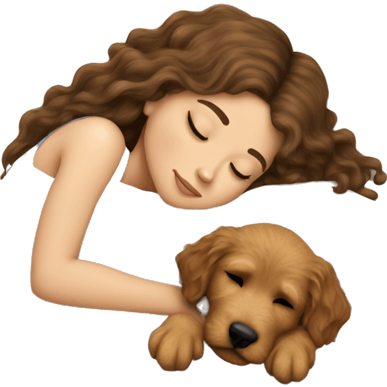 White girl straight  brown hair sleeping with golden doodle puppy  emoji