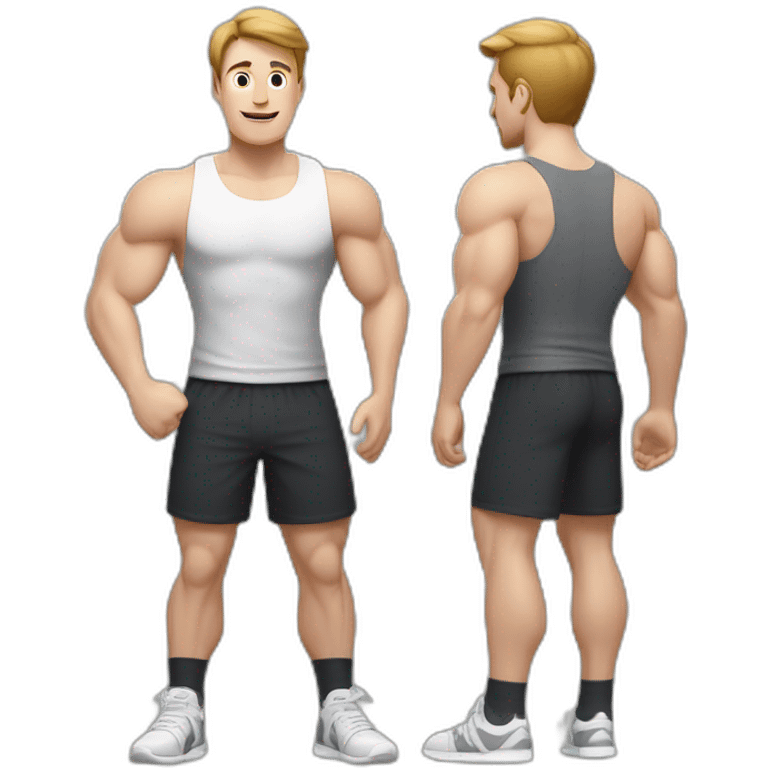 Full height Actively gesturing with hands Pale skinned Fit Man With the biceps and brown hair in dark gray Sleeveless Mike, black oversize sports shorts and white Sneakers emoji