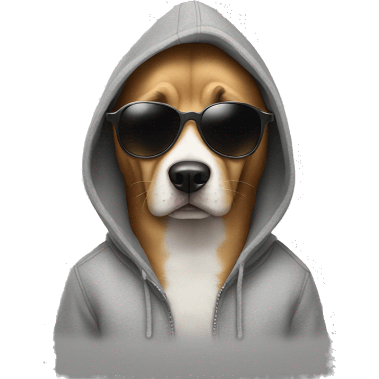 Dog wearing a hoodie with sunglasses emoji