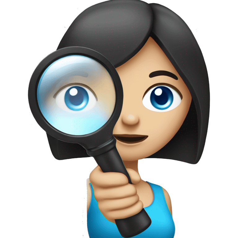 white girl with black hair and blue eyes playing with magnifying glass emoji