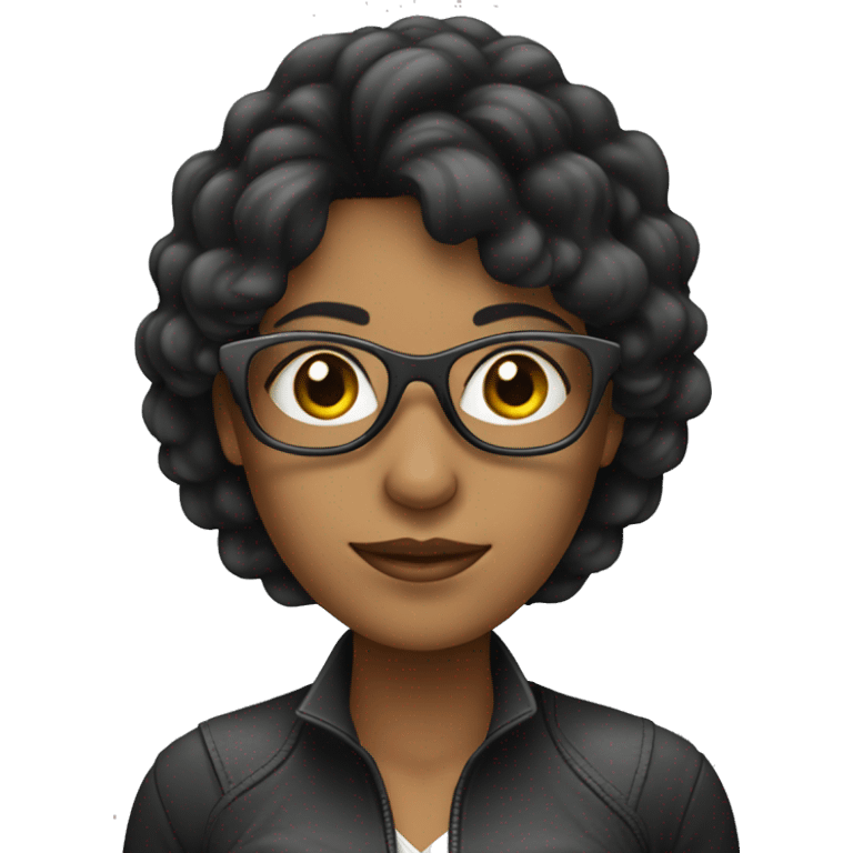 mujer con pelo negro largo y gafas con un pc emoji