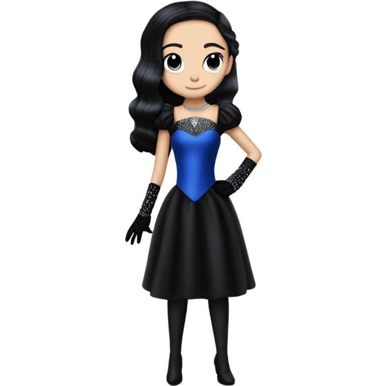 relaxed low-cut back silky black evening ball gown with lace gloves, Jenna Ortega as Wednesday Addams wearing a mini diamond tiara showing off blood blue cute horned dragon hand-puppet emoji