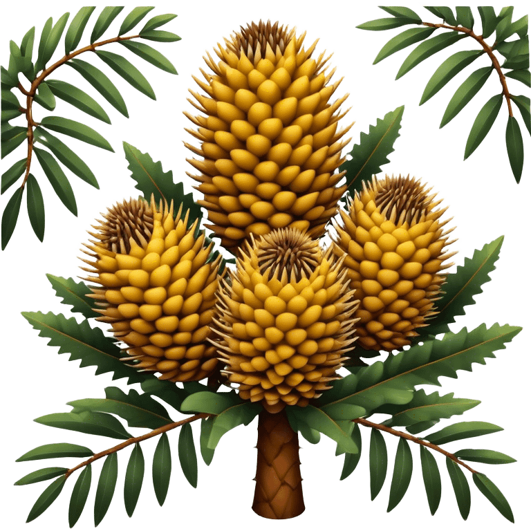 Cinematic Realistic Banksia Emoji, Bold and striking, with spiky, cylindrical flower heads covered in rich golden hues. The leaves are thick and leathery, adding a sense of strength to this unique and iconic tree. Soft glowing outline, capturing the essence of Australian ruggedness and floral beauty in a distinctive banksia tree! emoji