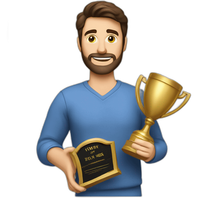 Caucasian brunette Dad holding father of the year trophy emoji