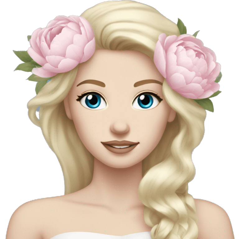 White bride with long light blonde hair and blue eyes with light pink peonies in hair white skin  emoji