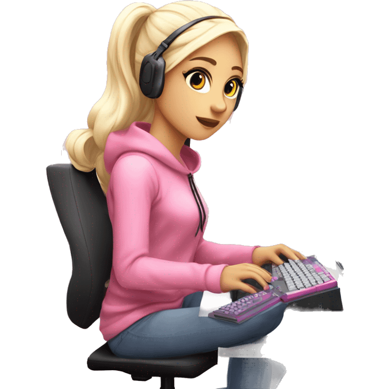 GAMER GIRL sitting next to a PINK gaming computer PINK GIRLY gaming setup LIGHTPINK white blond Girl  emoji