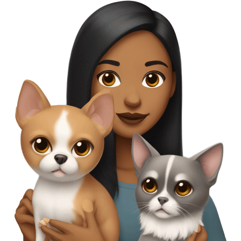 Latino woman with black staight hair and brown eyes is holding a grey sphinx cat and a ginger Pomeranian dog emoji