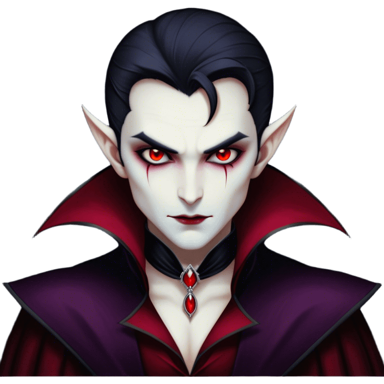 Cinematic Noble Vampire Portrait Emoji, Elegant and commanding, with a refined, pale visage framed by dark, velvet accents and a hint of crimson, exuding timeless seduction and dangerous allure, simplified yet exquisitely detailed, glowing with a soft nocturnal radiance and a subtle, mysterious outline that captures the regal spirit of an immortal lord of the night! emoji