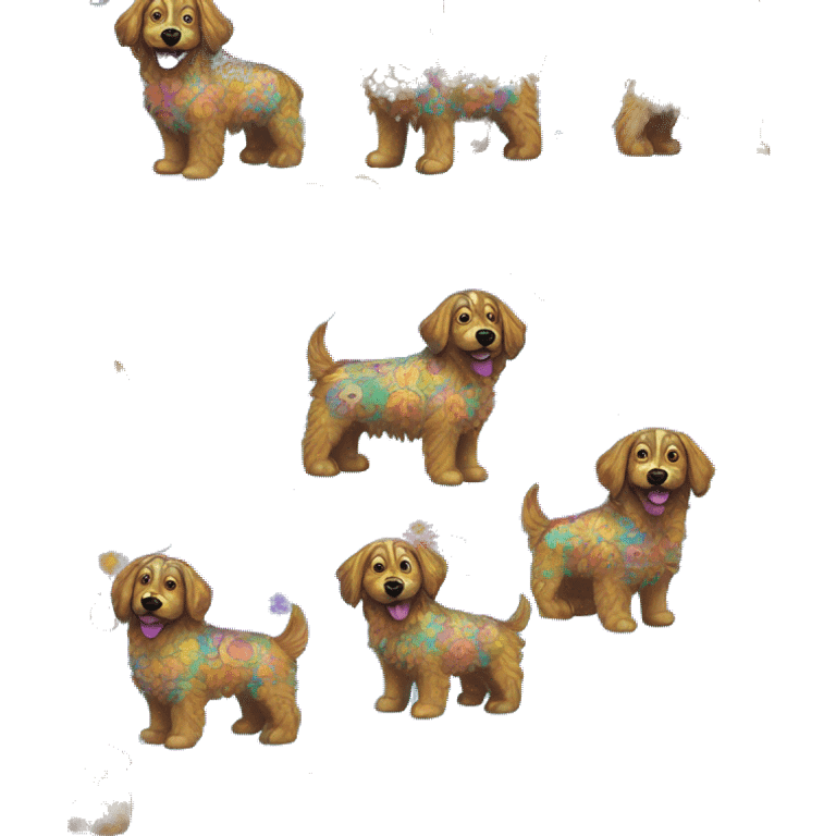 Multicolored retro groovy hippie trippy floral patterns on a metallic holographic iridescent blue dog emoji