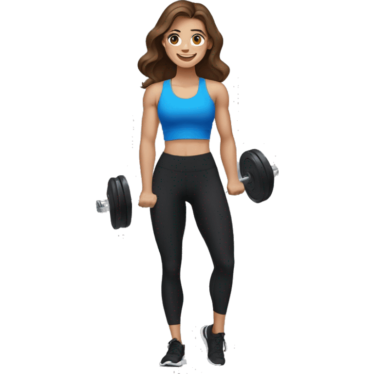 Gym girl lifting weights,brown hair blue eyes, smiling wearing black gym leggings emoji