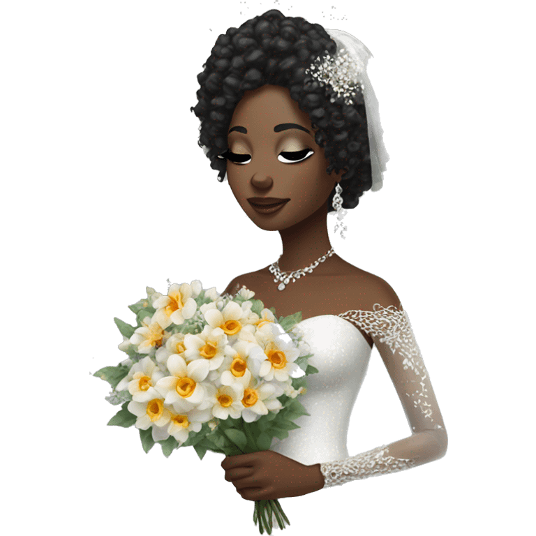 African bride. Glitter makeup. Long black curly hair. Silver jewelry. Holding flowers. Eyes closed. emoji