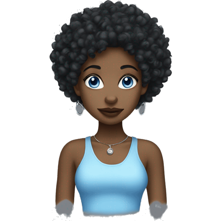 A Black girl, blue eyes, black curly hair, A nose ring, Earrings. emoji