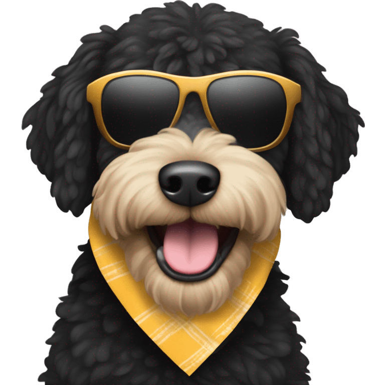 A black dog breed “golden doodle” wearing sunglasses with a big smile with human like teeth. Also with a bandanna around its neck that says mums favourite  emoji