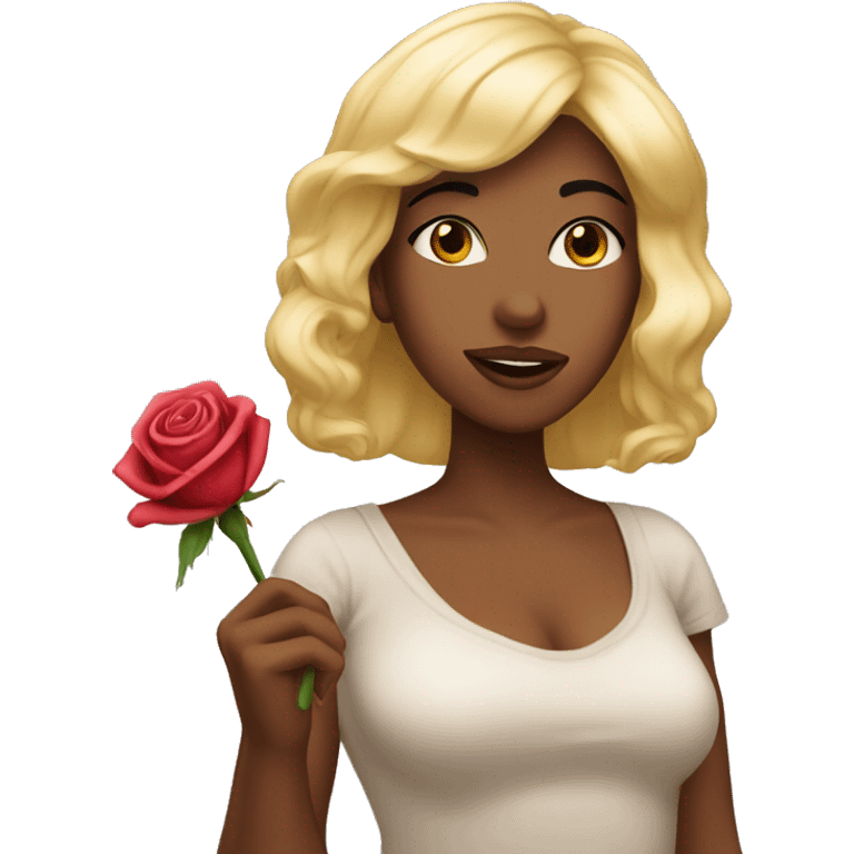 A blond women named rose, with dark hair bangs and making a kissy face, while holding a rose in her hand emoji