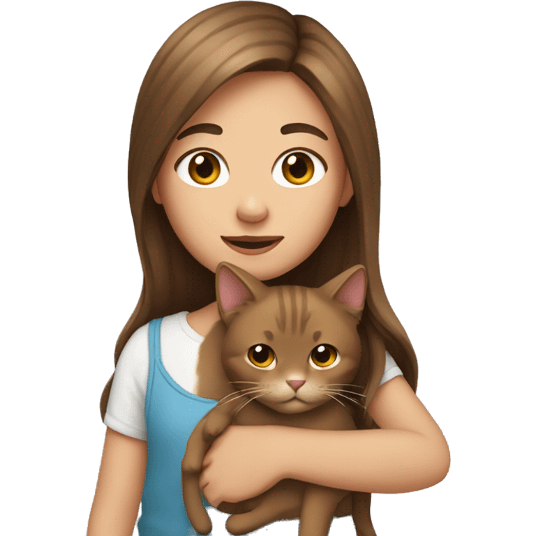 Girl with long brown hair holding a cat emoji