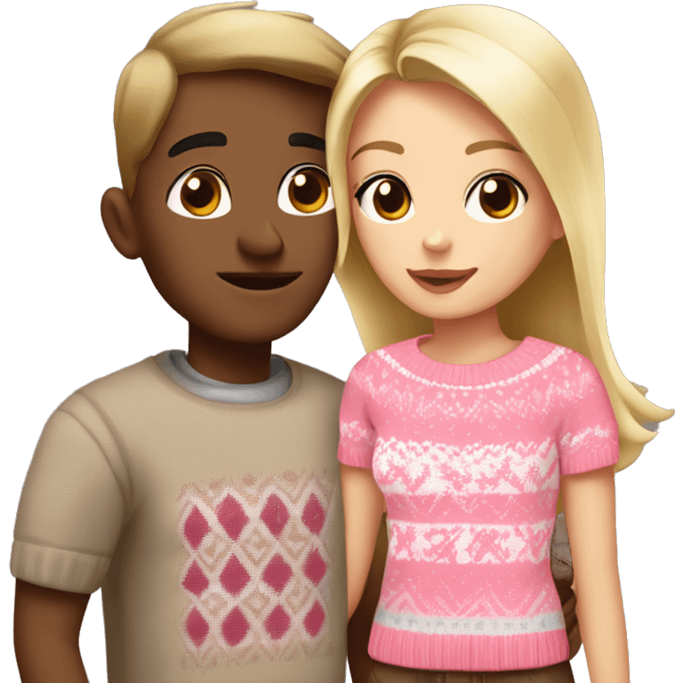 A beautiful blonde girl with brown eyes wearing a pink fair isle jumper. She’s kissing her boyfriend who is taller and darker blonde with brown eyes and a white T-shirt. emoji