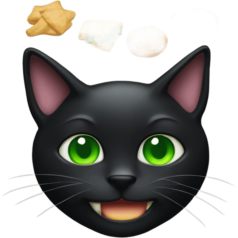 Black cat with green eye mouth full of food emoji